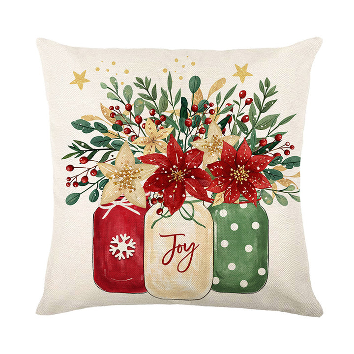 Holiday Cotton-Linen Square Throw Pillow Cover with 'Merry Christmas Y'all' Script and Gold Poinsettia Accents