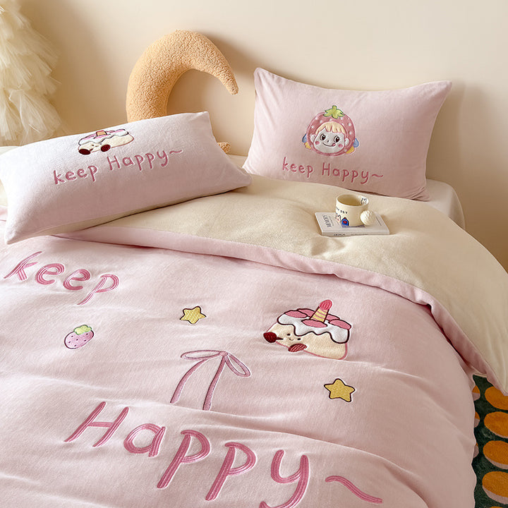Children's bedding set with cuddly fleece blanket and pillowcases bunny motif