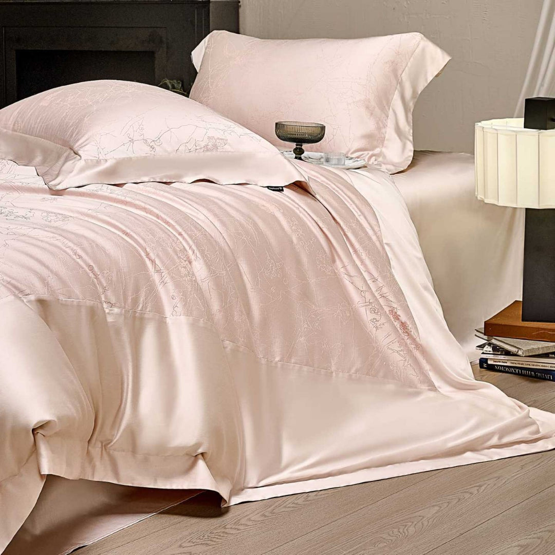 Silky Jacquard Satin Duvet Cover and Pillowcase Set with Subtle Floral Embossed Weave