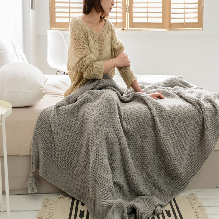 Oversized Waffle-Knit Cotton-Blend Throw Blanket with Pom-Pom Tassels