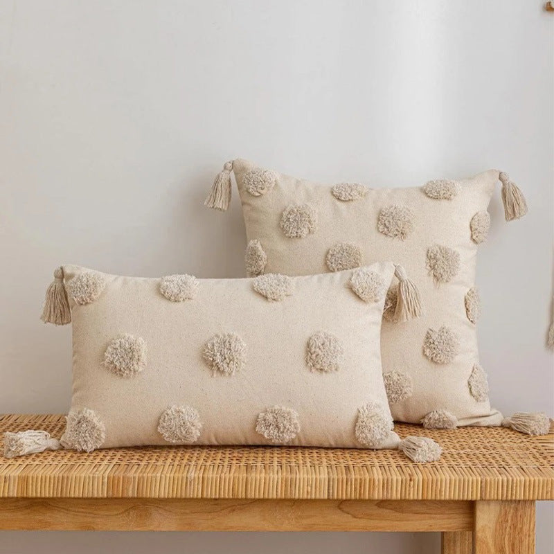 Square cotton-linen cushion cover with 3D pompom tufting and corner tassels Stornfield