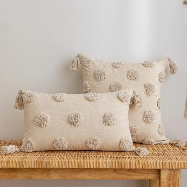 Square cotton-linen cushion cover with 3D pompom tufting and corner tassels Stornfield