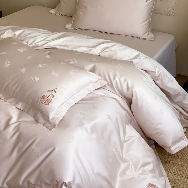 Luxurious cotton satin duvet cover set with fine rose embroidery and jacquard relief