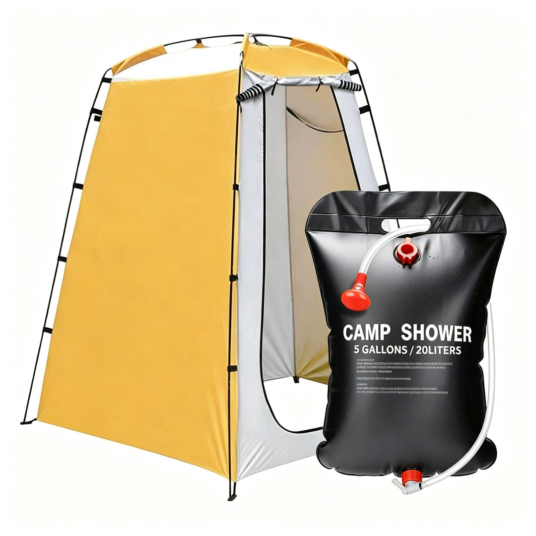 Portable camping shower privacy tent with five gallon solar shower bag and pop up foldable pole system Stornfield