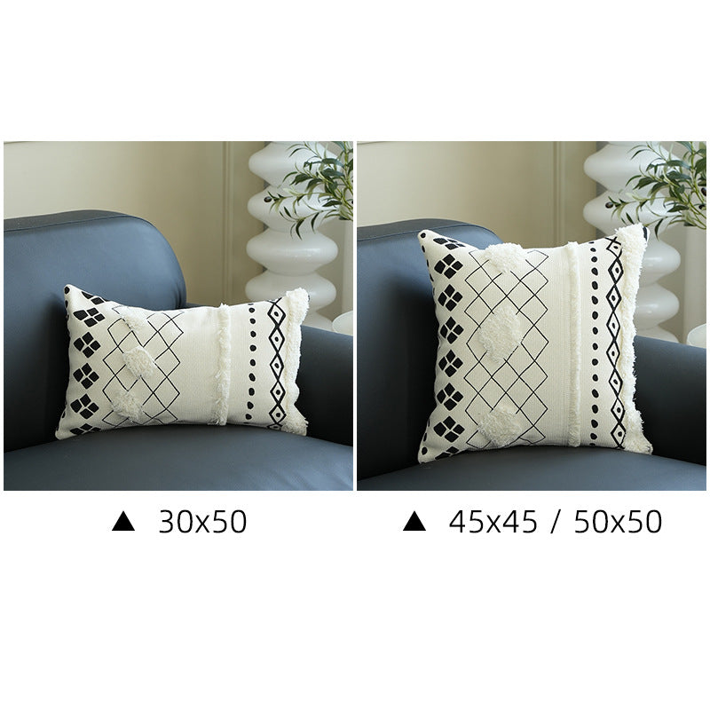 Rectangular Woven Lumbar Decorative Pillow with Tufted Diamonds and Tassels