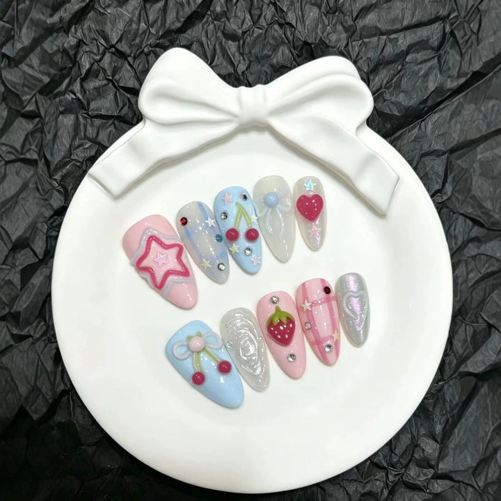 Whimsical Cherry and Heart-Themed Press-On Nail Set