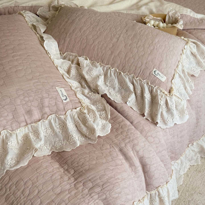 Quilted Ruffled Lace-Trim Bedspread & Reversible Duvet Cover Set with Matching Pillow Shams