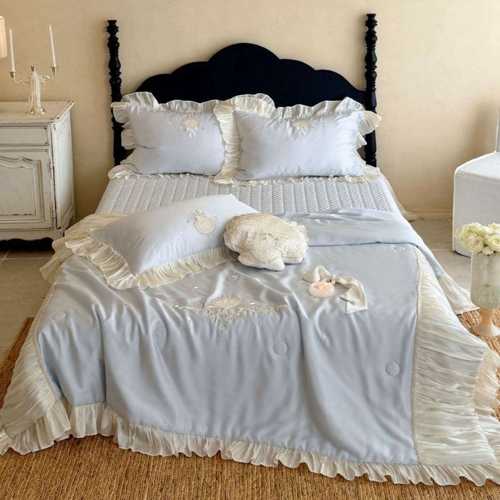Luxury Satin-Trim Ruffled Duvet & Sham Ensemble with Pleated Flange and Delicate Shell Embroidery