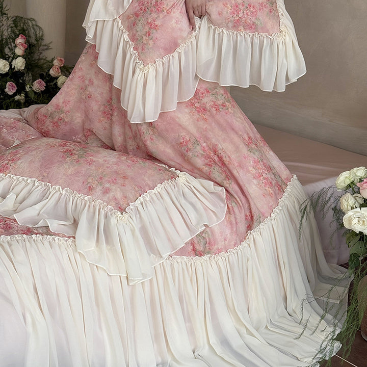 Romantic satin bedding set with floral watercolor print and lavish chiffon ruffle