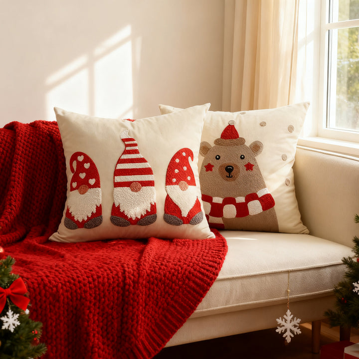 Festive Embroidered Bear Square Throw Pillow Cover