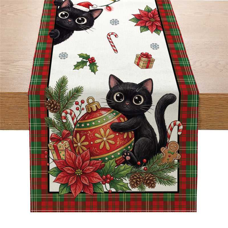 Festive Cotton-Linen Christmas Table Runner with Santa Truck and Snowman Illustration