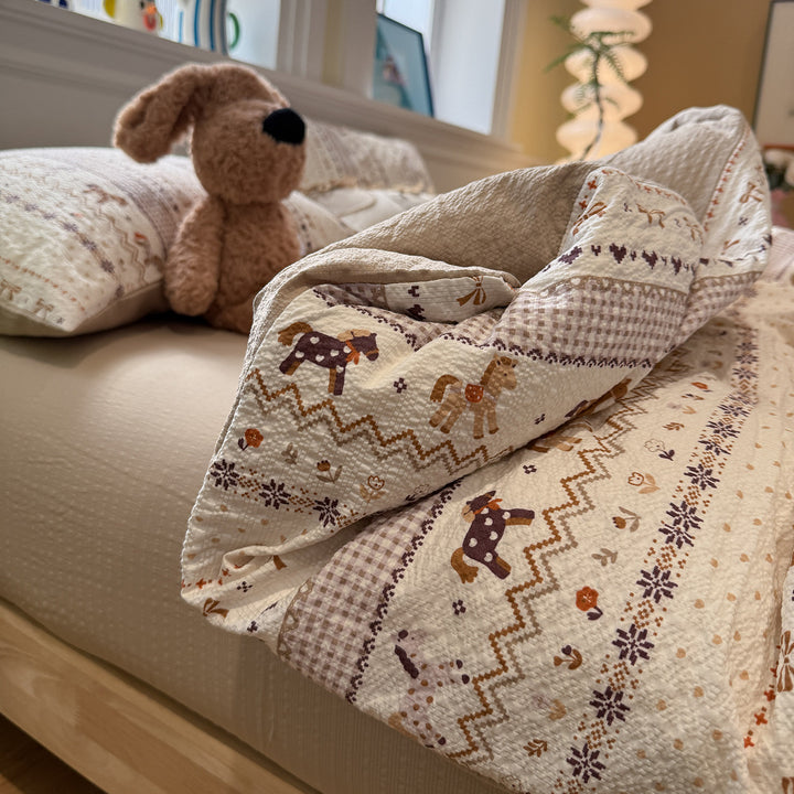 Quilted Cotton Duvet Cover Set with Nordic Reindeer Patchwork