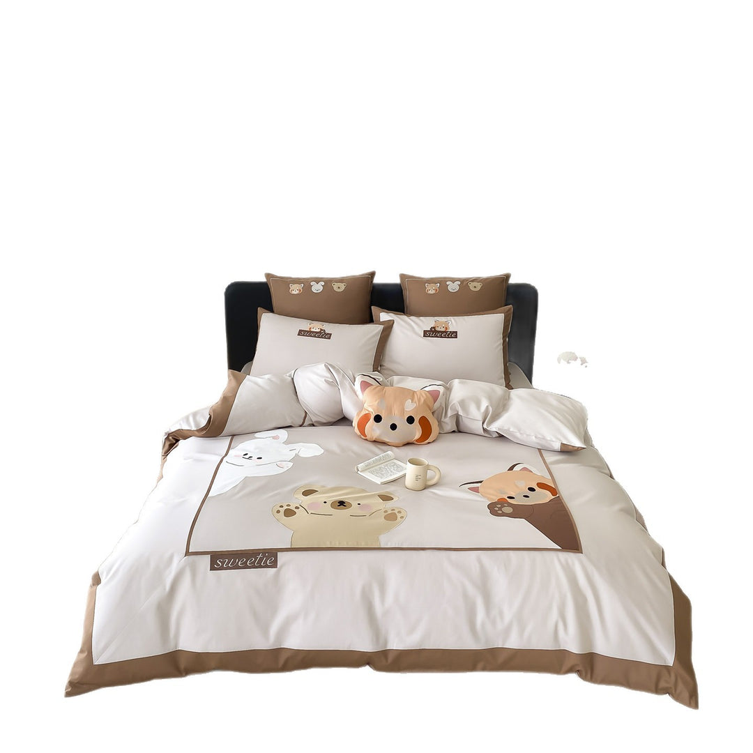 Sateen Cotton Duvet Cover Set with Cute Animal Appliqué