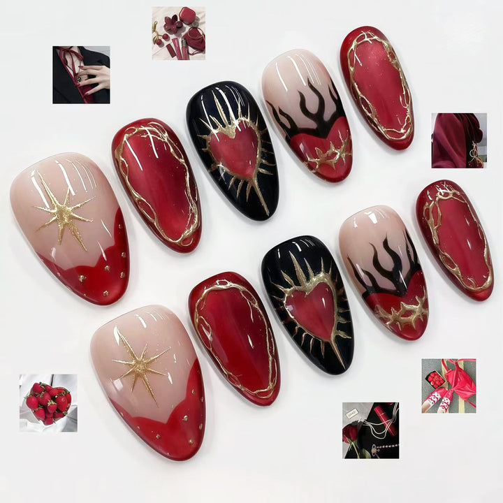 Artistic Press-On Nail Set with Heart and Flame Designs