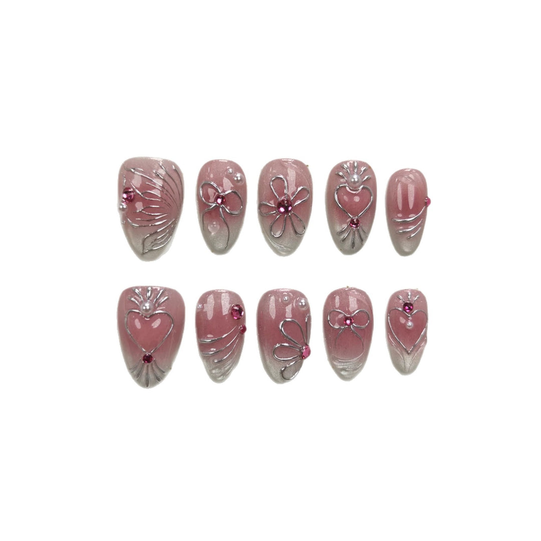 Decorative Press-On Nails Set with Floral and Gem Accents