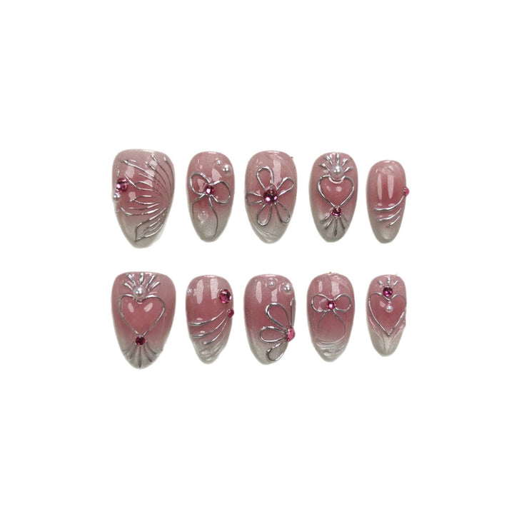 Decorative Press-On Nails Set with Floral and Gem Accents