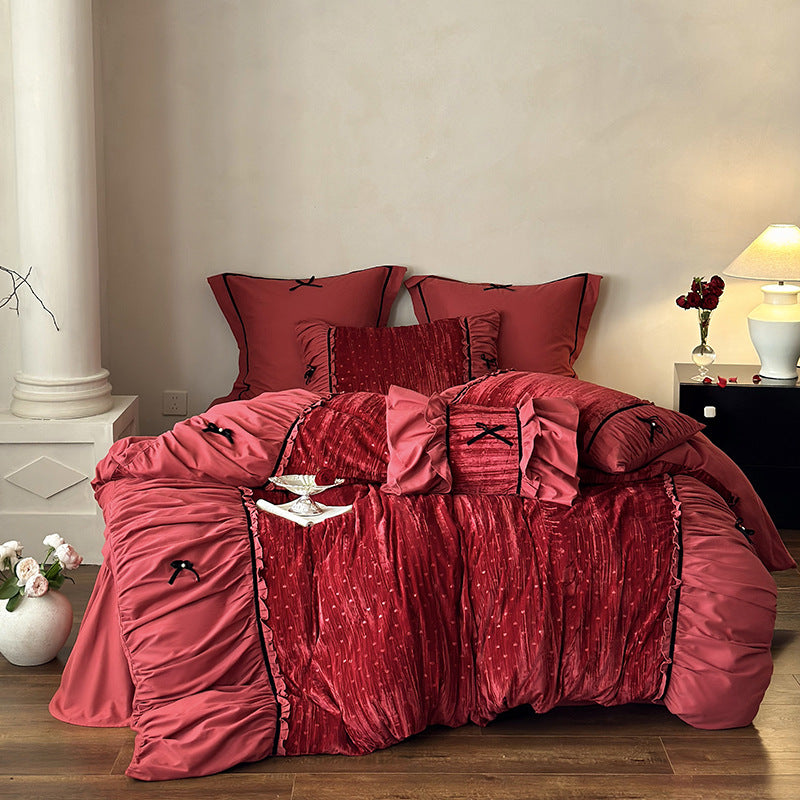 Bedding set made of velvety microfiber with ruffles, decorative ribbons, and quilted texture