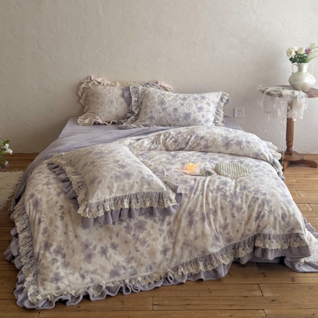 Floral Ruffled Lace-Trim Cotton Duvet Cover Set