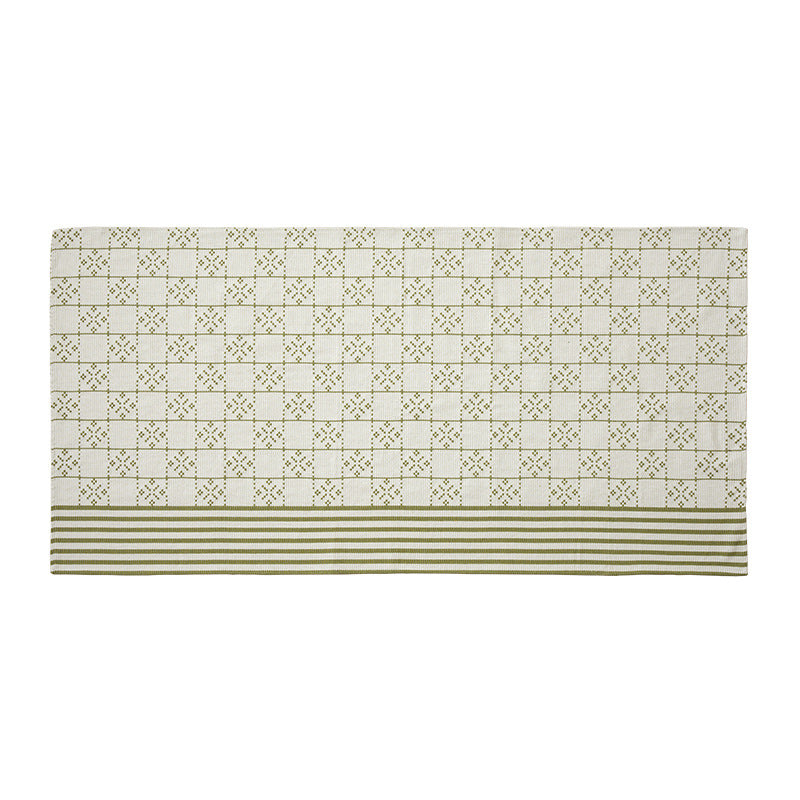 Woven rectangular table runner made of cotton blend with checkered pattern and striped border Stornfield