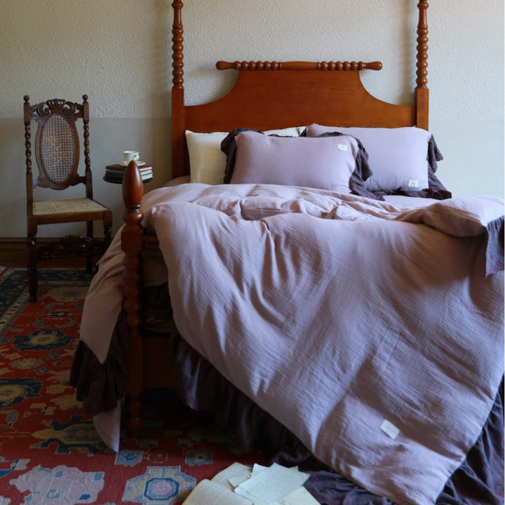 Ruffled Eyelet Trim Washed Linen Duvet Cover Set