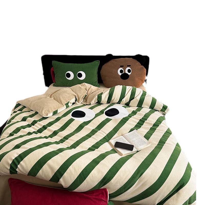 Bedding set with playful eye design and striped cotton linen