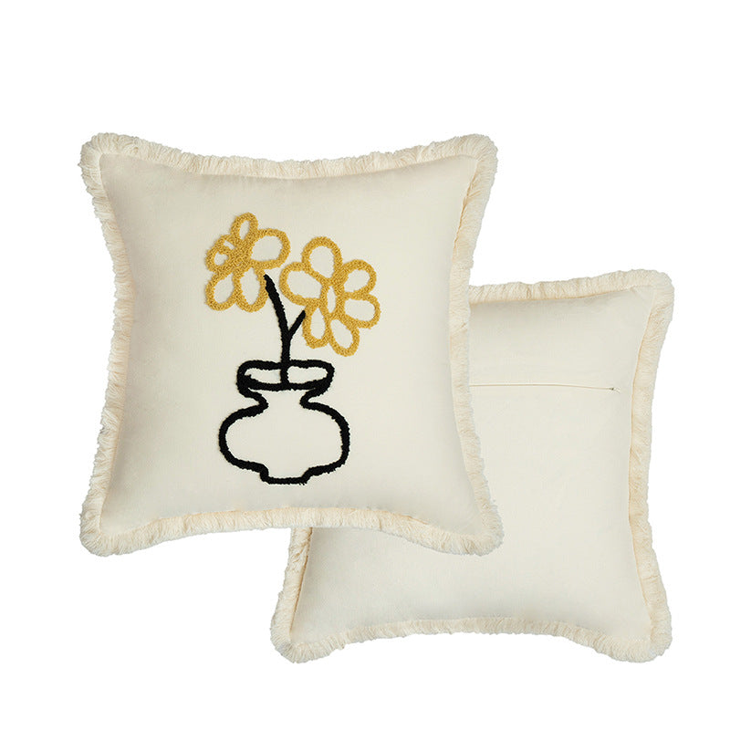 Woven decorative pillow cover with embroidered café motif and decorative fringe edge Stornfield