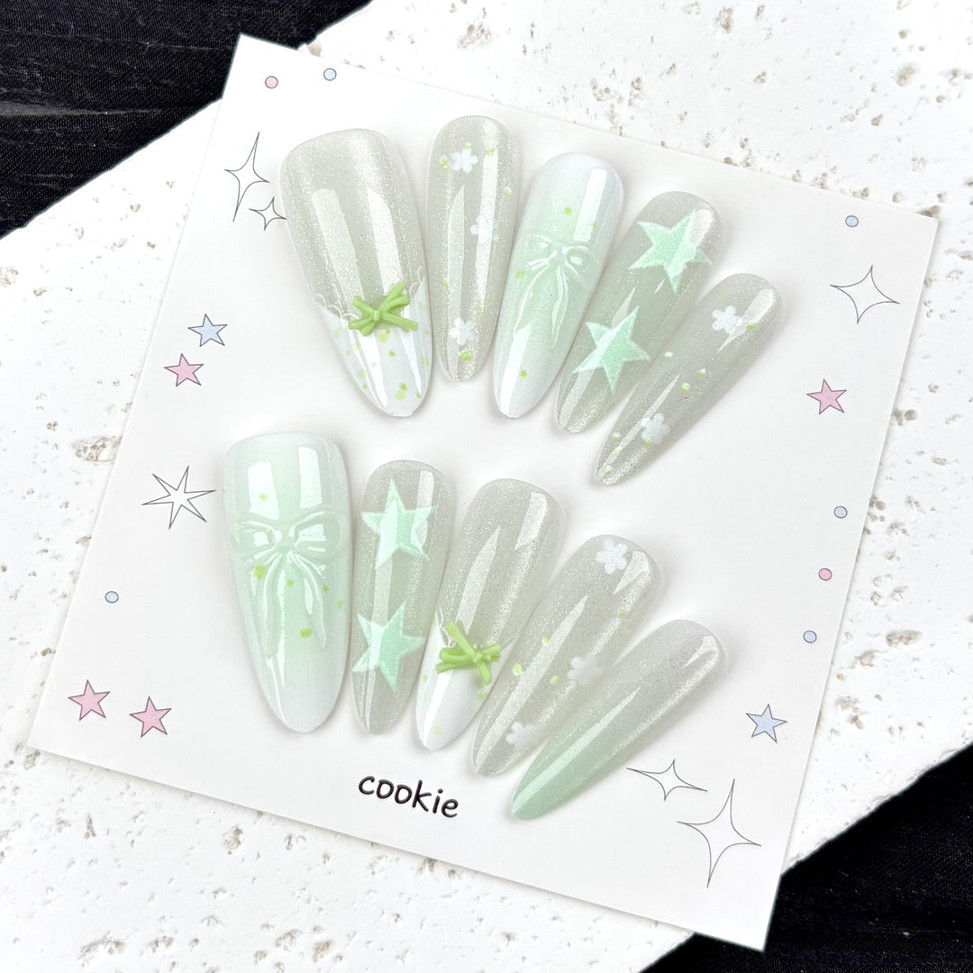 Artistic Press-On Nail Set with Star and Floral Design