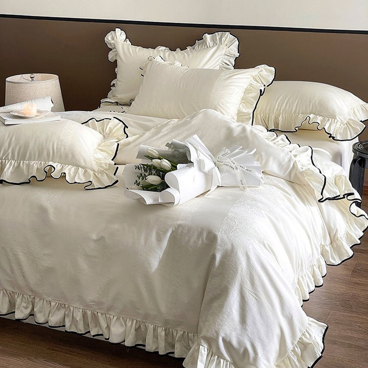 Ruffled Cotton-Sateen Duvet Cover Set with Contrasting Piped Edge and Jacquard Detail