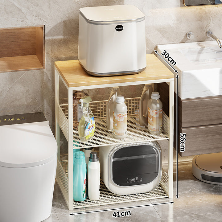 Narrow Rolling Mesh Cabinet Shelf with Bamboo Top and Locking Swivel Casters