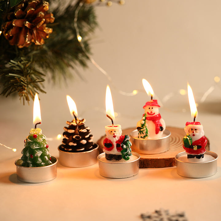 Miniature Christmas Sculptural Tea Light Candle Set with Metal Cup Novelty Santa Snowman Pinecone Tree Designs