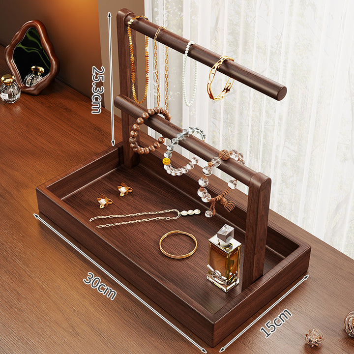 Wooden Tiered Jewelry Display Stand with Triple Rods and Catchall Tray