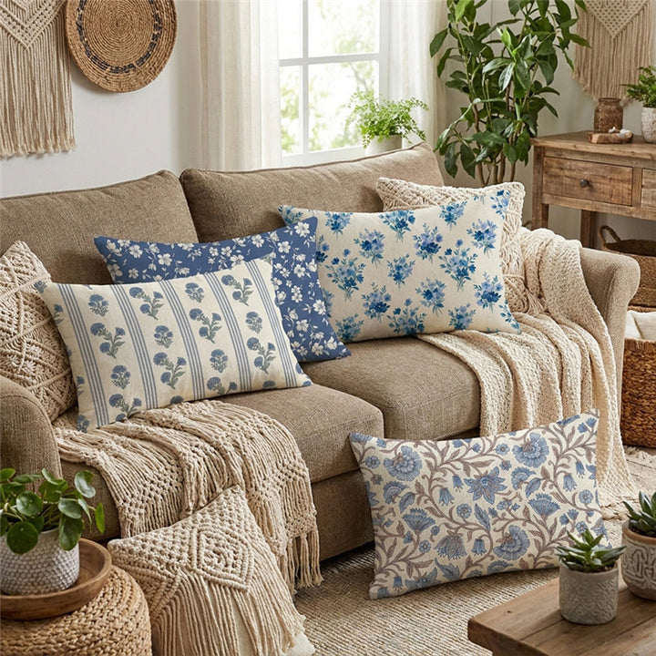 Rectangular Linen-Blend Floral Throw Pillow Cover