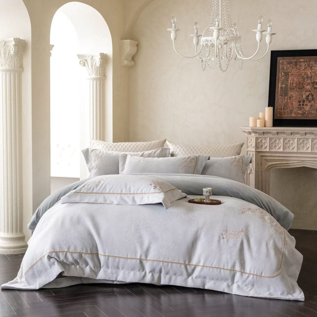 Embroidered Botanical Jacquard Duvet Cover Set