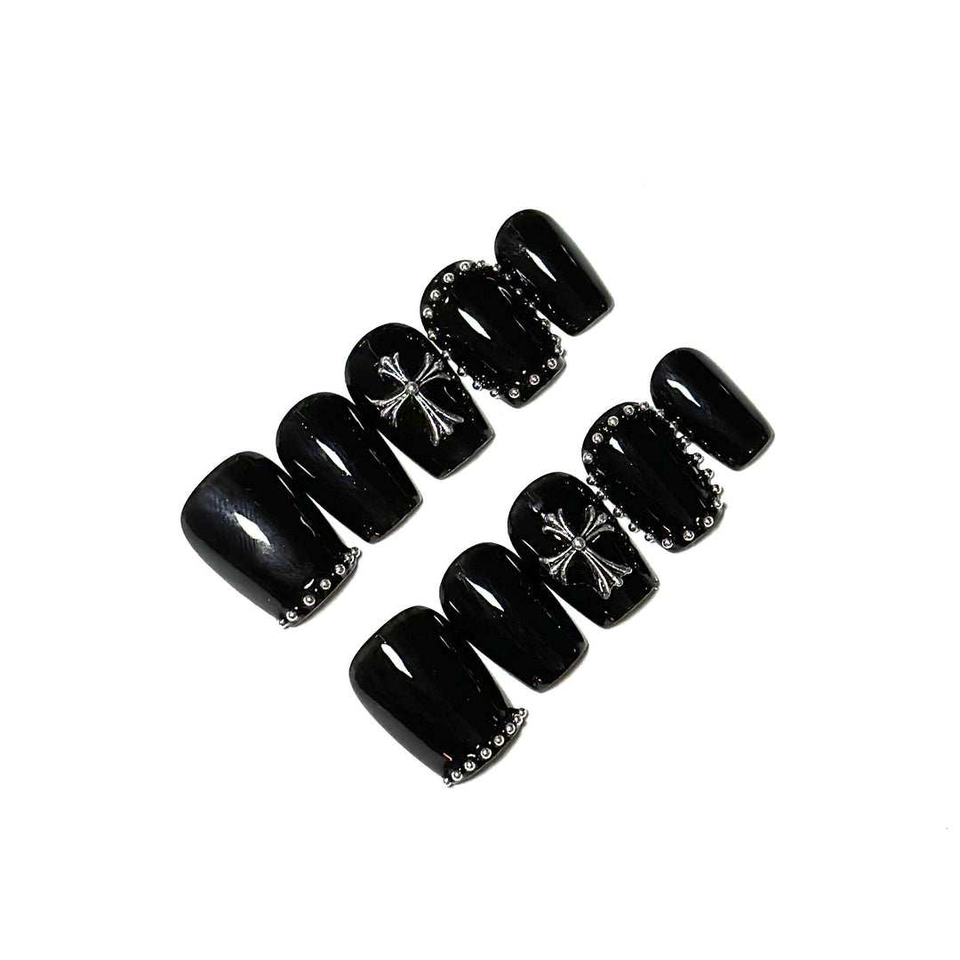 Decorative Press-On Nail Set with Silver Accents