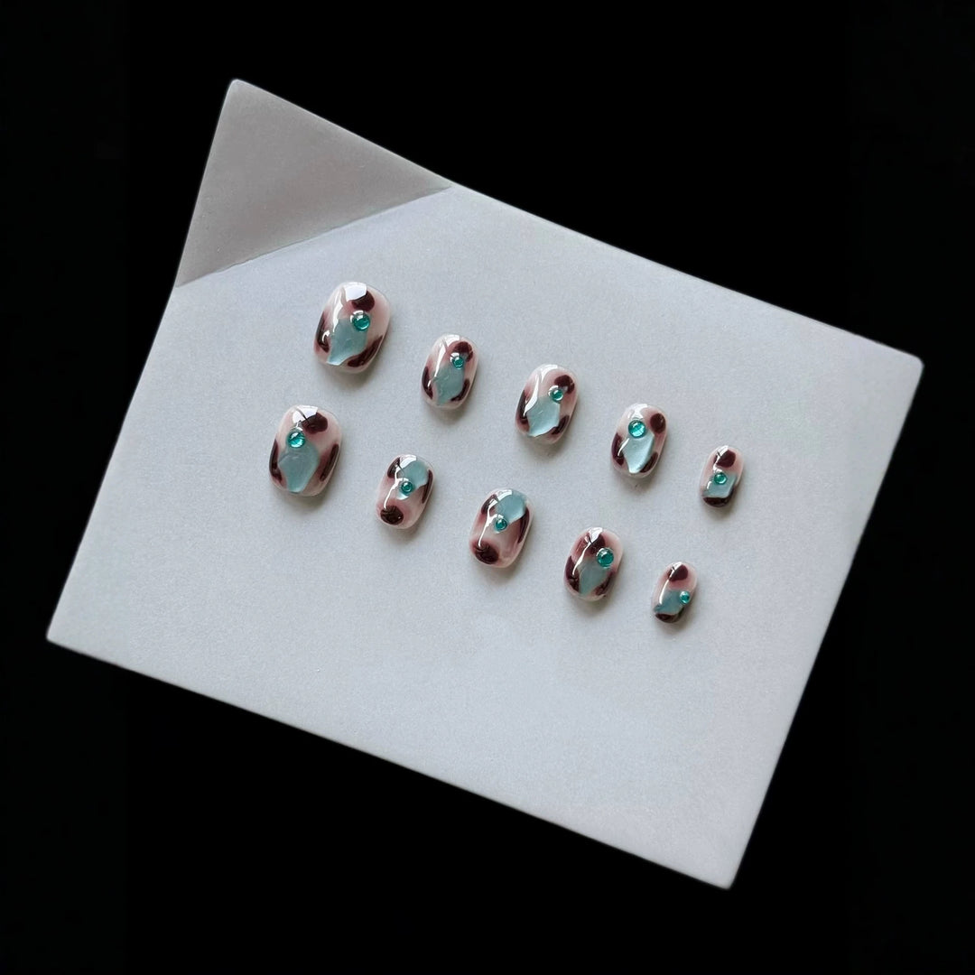 Artistic Press-On Nail Art Set with Luxe Gem Accents
