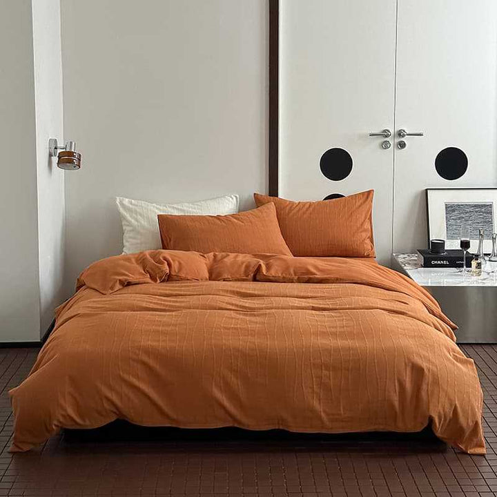 Washed Percale Cotton Duvet Cover Set with Subtle Wavy Texture and Envelope Closure