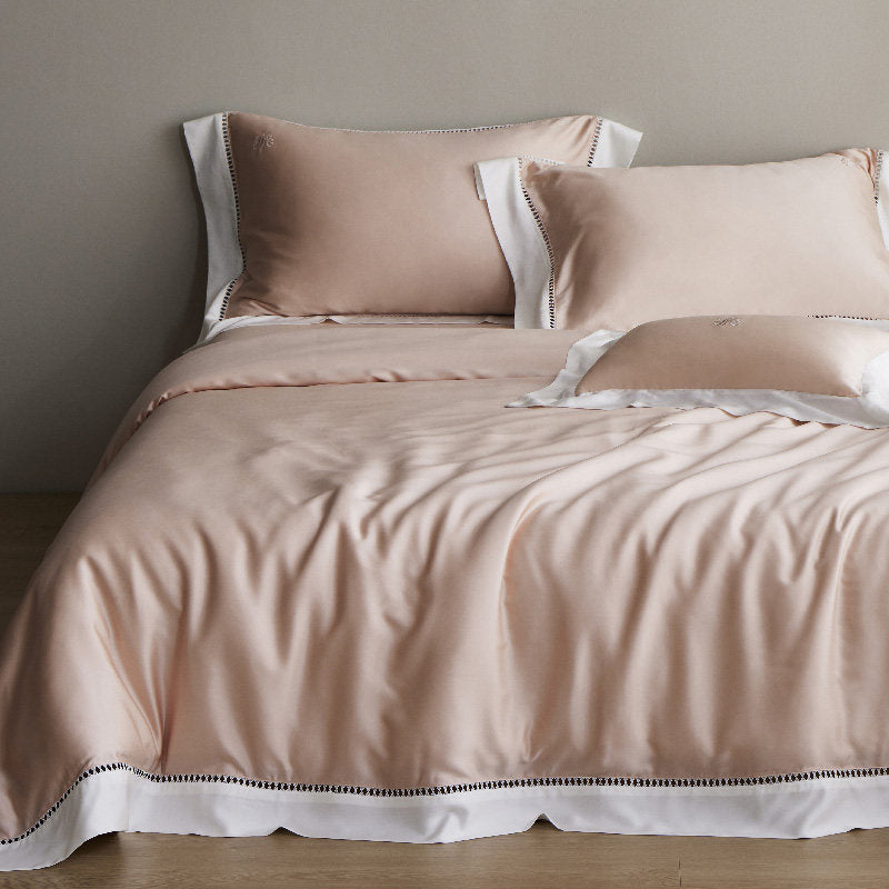 Luxury Sateen Duvet Cover Set with Contrast Hem and Eyelet-Embroidered Shams
