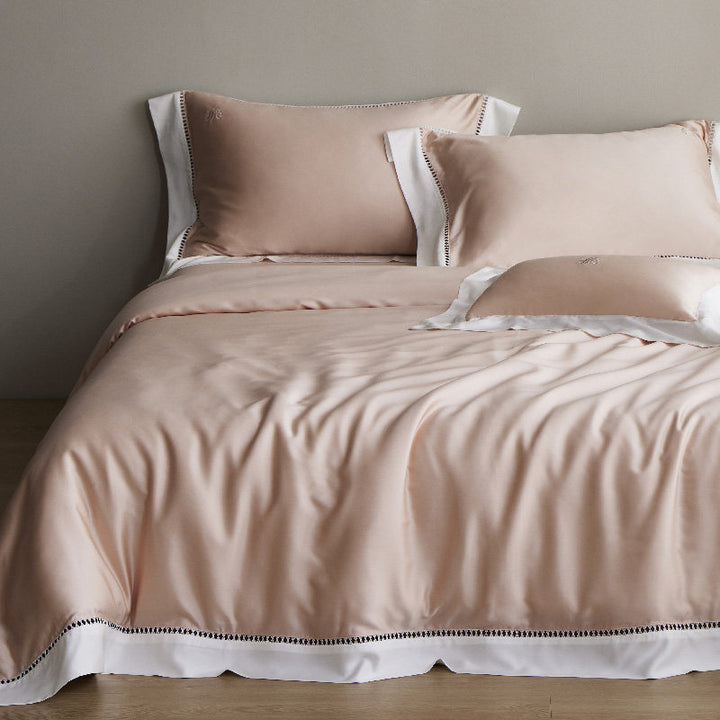 Luxury Sateen Duvet Cover Set with Contrast Hem and Eyelet-Embroidered Shams