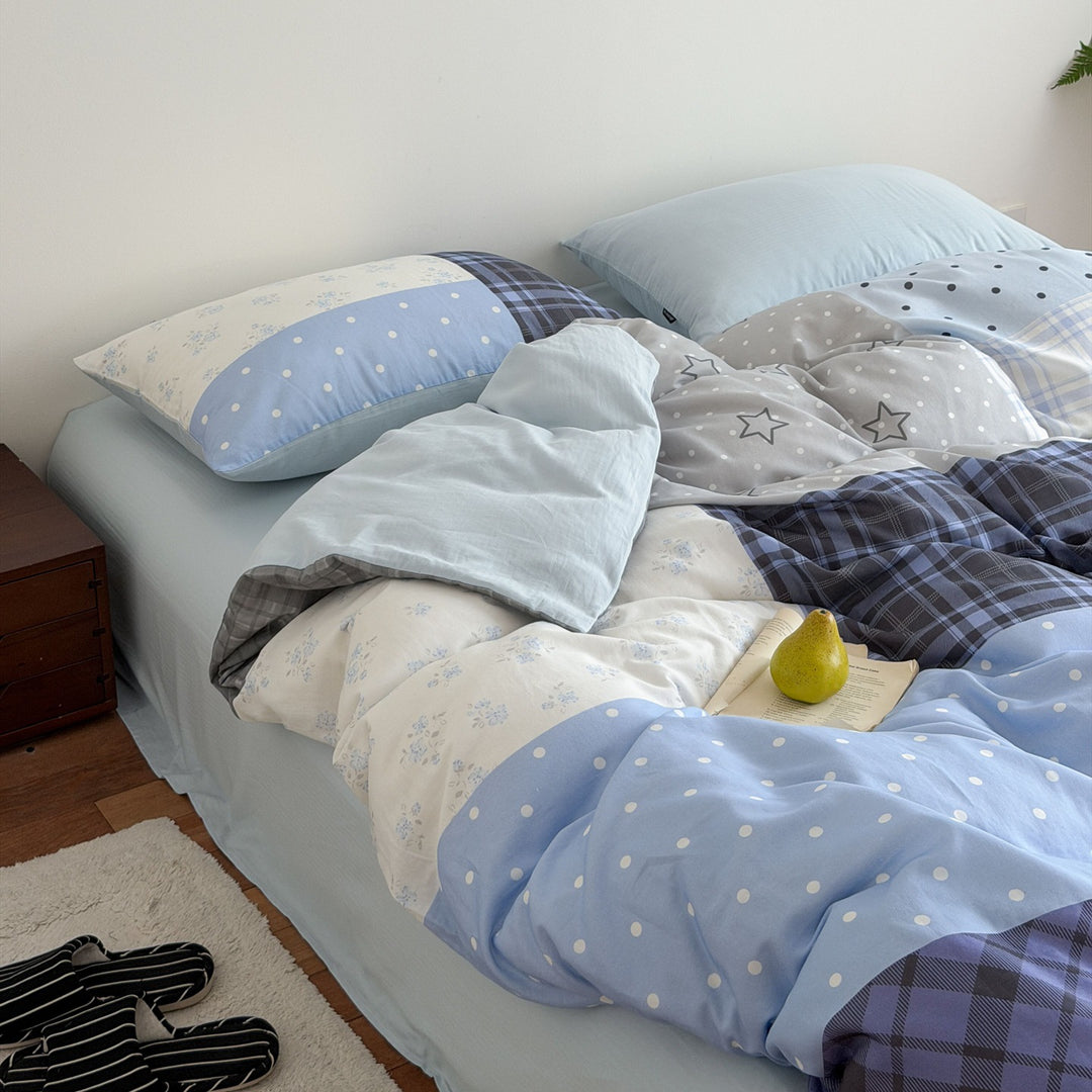 Modern reversible bed linen set with Vichy check and patchwork mix, including fitted sheet