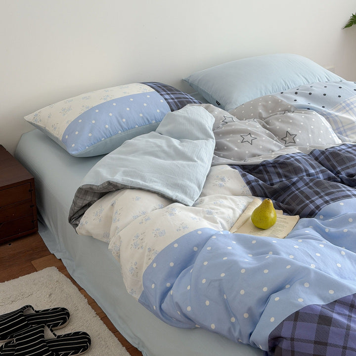 Modern reversible bed linen set with Vichy check and patchwork mix, including fitted sheet