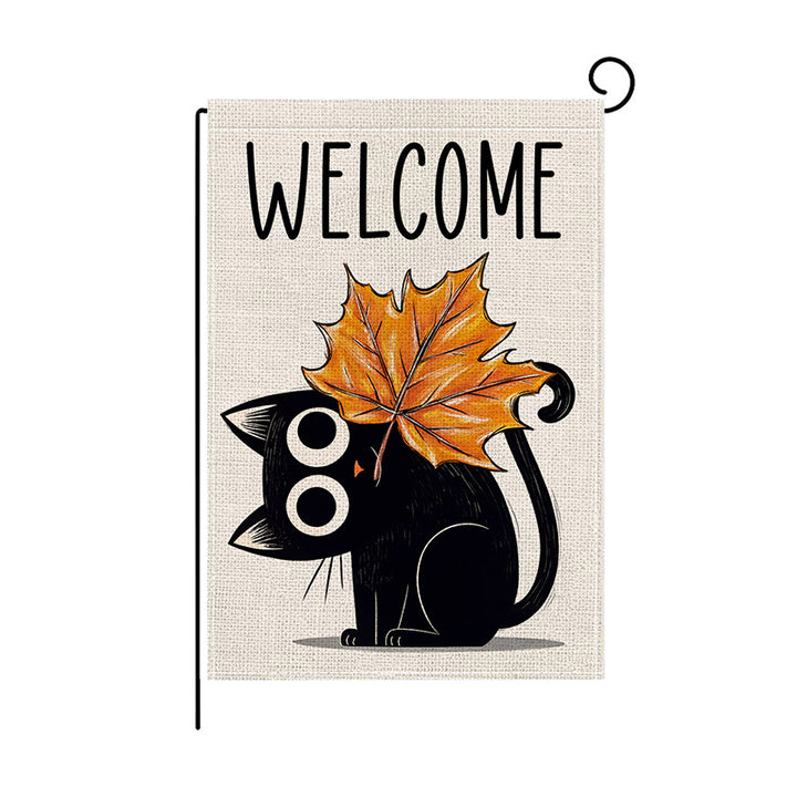 Double-Sided Burlap-Texture Autumn Garden Flag with Hand-Illustrated Pumpkins and 'Happy Fall' Typography