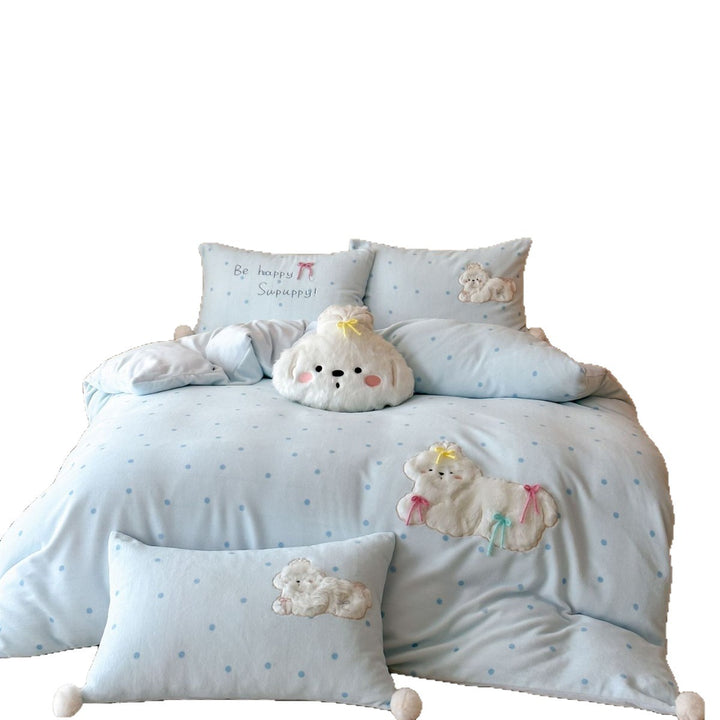 Pastel Polka-Dot Cotton Duvet Cover Set with Plush Cloud Appliqué & Decorative Pillow Shams