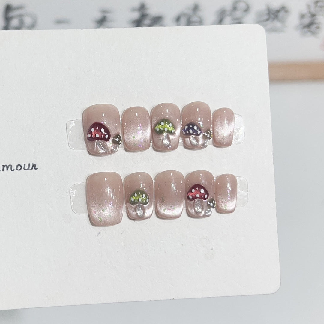 Artistic Press-On Nail Set with Playful Mushroom Designs Stornfield