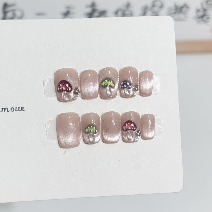 Artistic Press-On Nail Set with Playful Mushroom Designs Stornfield
