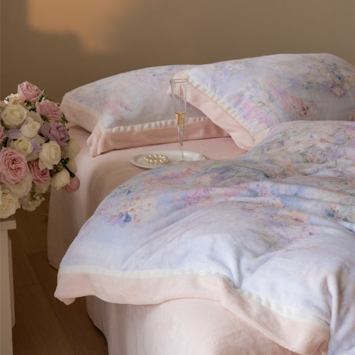 Pastel Watercolor Floral Brushed Microfiber Duvet Cover Set with Faux-Fur Accent Pillow