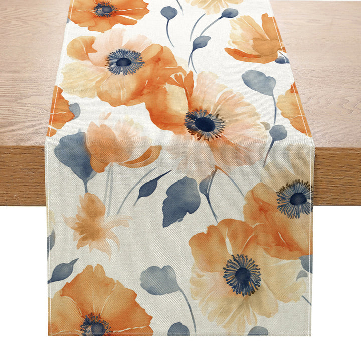 Linen-Blend Watercolor Floral Botanical Table Runner with Stain-Resistant Finish and Hemmed Edges