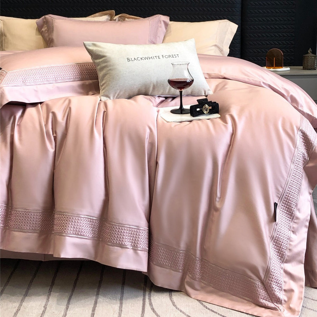 Luxury Satin-Feel Embroidered Duvet Cover Set with Decorative Hem & Pillow Shams