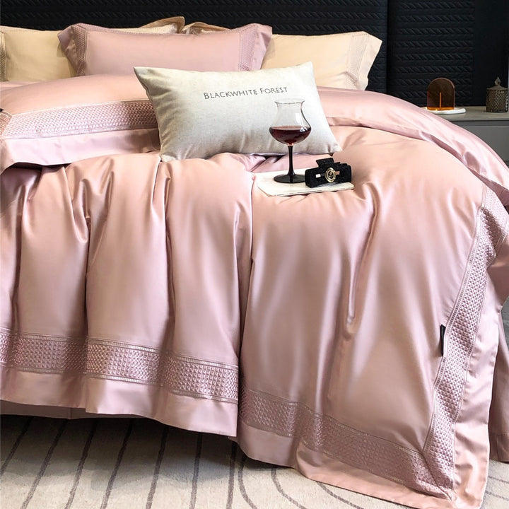 Luxury Satin-Feel Embroidered Duvet Cover Set with Decorative Hem & Pillow Shams