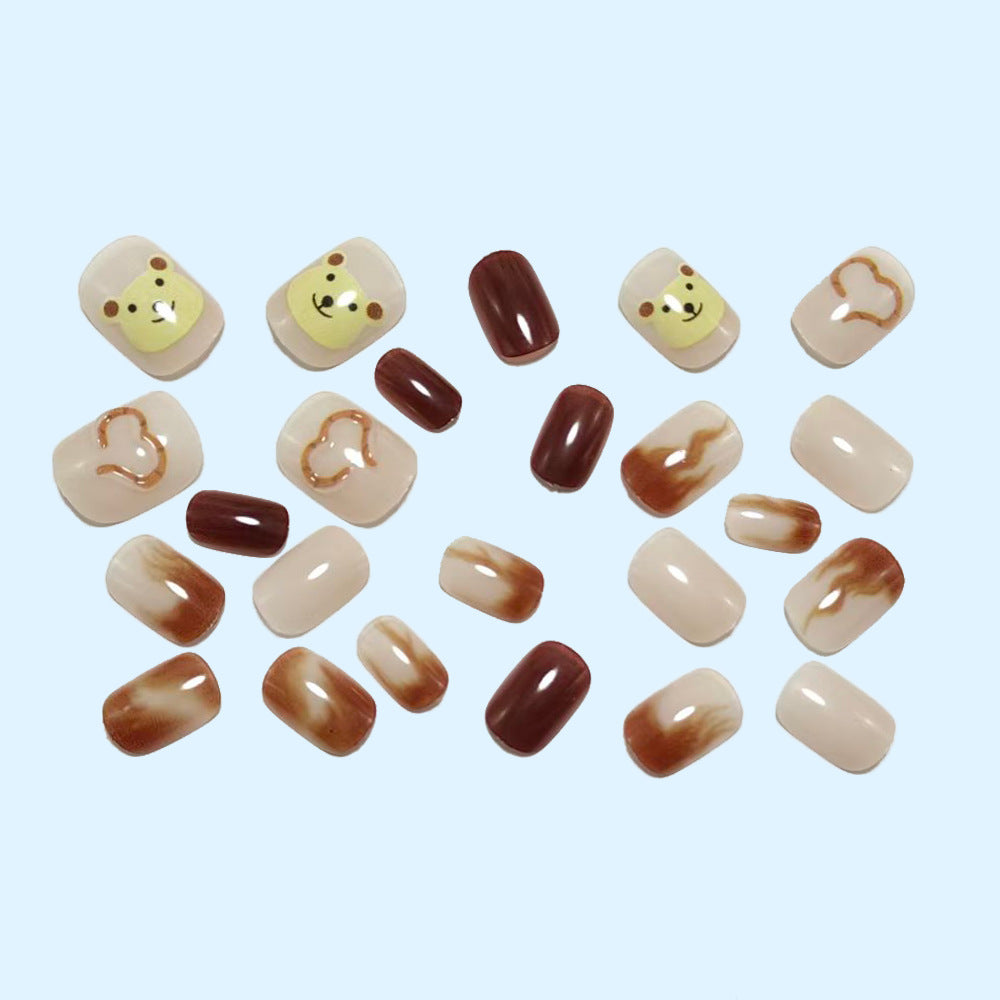 Artificial nails with cute bear design and marbled pattern Stornfield