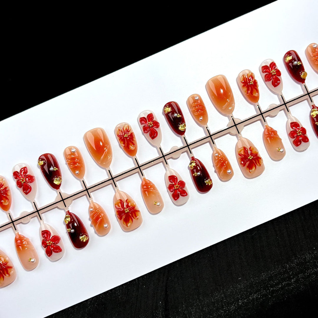 Artistic Press-On Nail Set with Floral Design